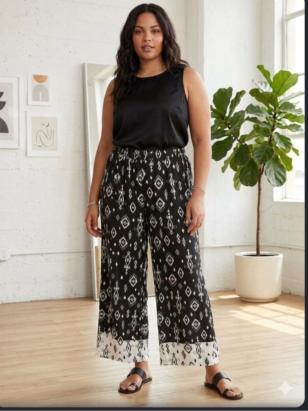 Floral & Ivy 3X Plus-Size Black Ikat Wide-Leg Pants